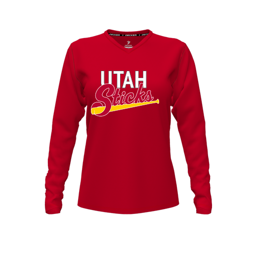 [CUS-DFW-TEES-CMF-VNK-LSL-RED-FYXS-LOGO1] Decker Comfort T-Shirt (Female Youth XS, Red, V Neck, Logo 1, Long Sleeve)