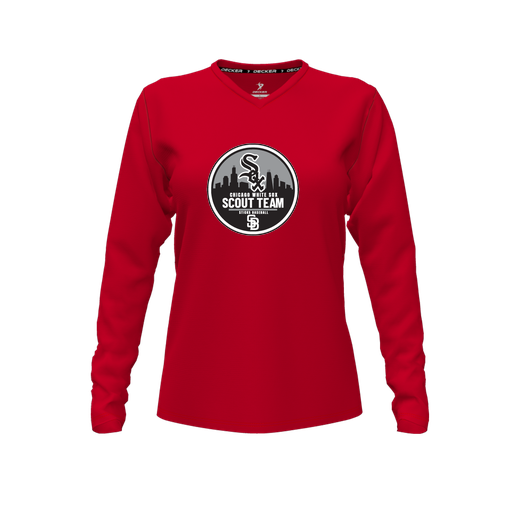 [CUS-DFW-TEES-PER-VNK-LSL-RED-FYXS-LOGO3] Decker Performance T-Shirt (Female Youth XS, Red, V Neck, Logo 3, Long Sleeve)